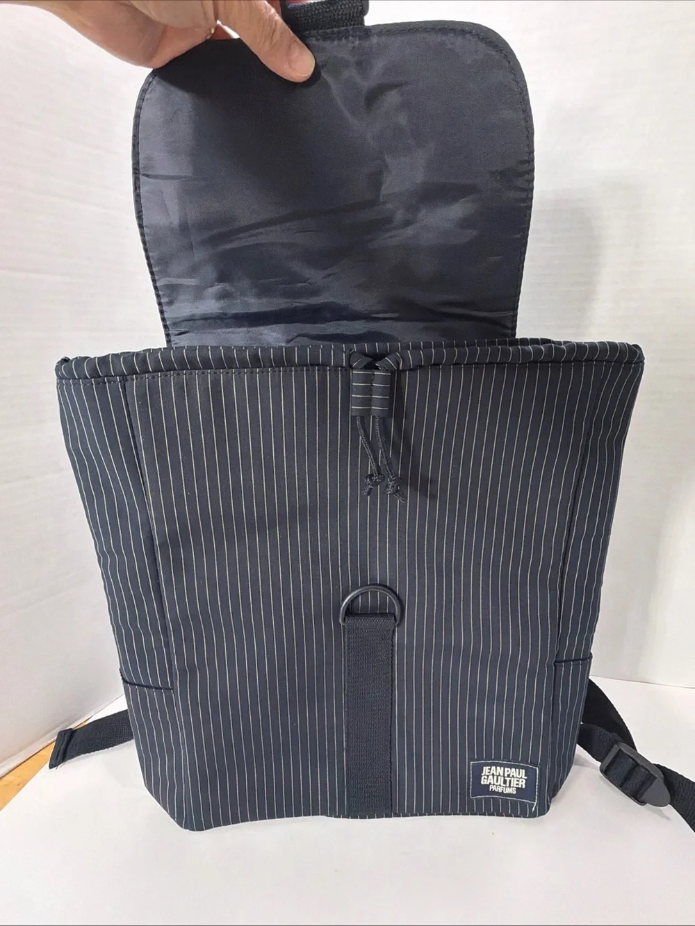 Jean Paul Gaultier Parfums PINSTRIPE BACKPACK Black NYLON INTERIOR Logo Bag NWOT